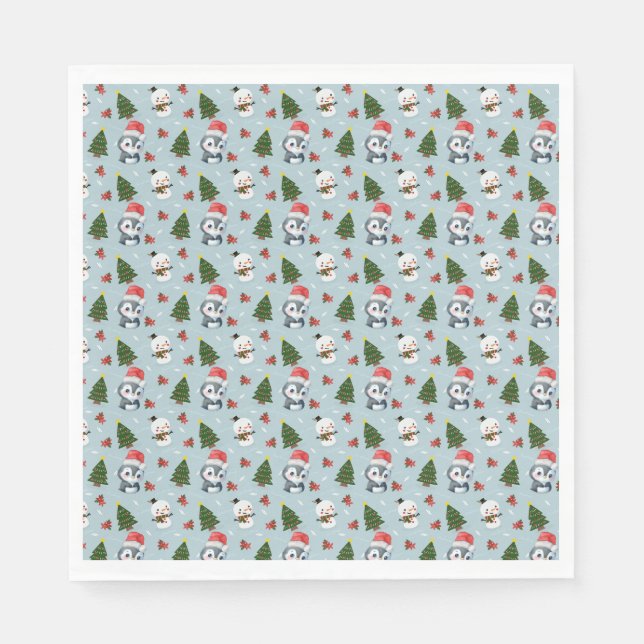 Penguin Santa Happy Merry Christmas tree pattern Napkins (Front)