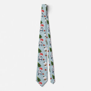 Penguin Santa Happy Merry Christmas tree pattern Neck Tie