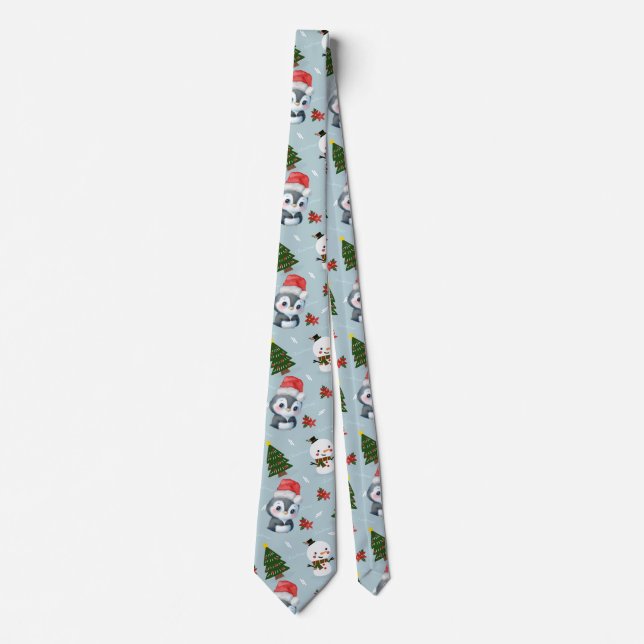 Penguin Santa Happy Merry Christmas tree pattern Neck Tie (Front)