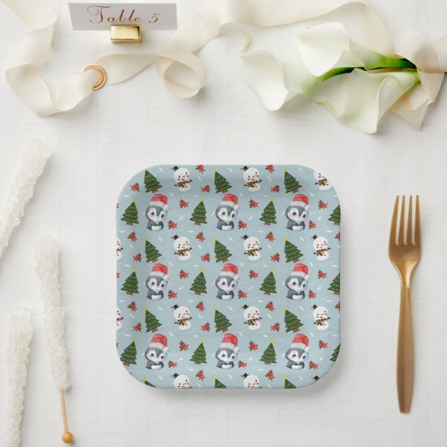Penguin Santa Happy Merry Christmas tree pattern Paper Plates (Wedding)