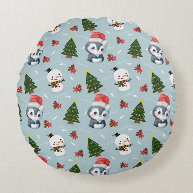 Penguin Santa Happy Merry Christmas tree pattern Round Pillow (Front)