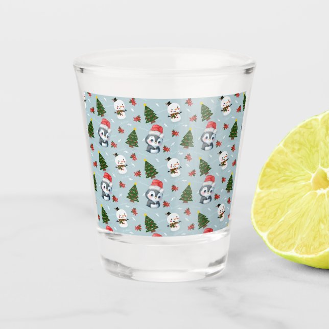 Penguin Santa Happy Merry Christmas tree pattern Shot Glass (Front)