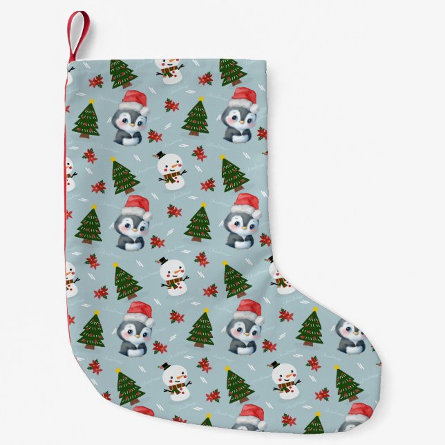Penguin Santa Happy Merry Christmas tree pattern Small Christmas Stocking (Front)