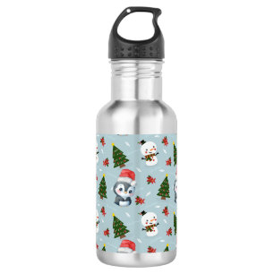 Penguin Santa Happy Merry Christmas tree pattern Stainless Steel Water Bottle