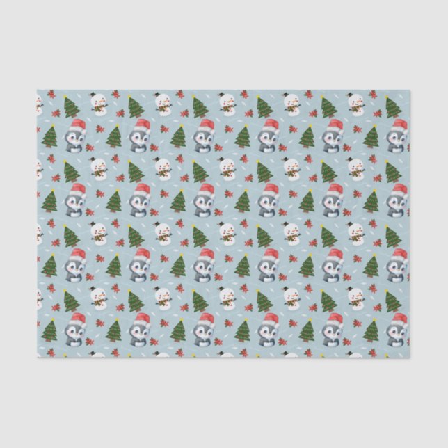 Penguin Santa Happy Merry Christmas tree pattern Tissue Paper (Front)