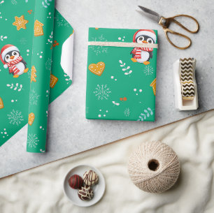 Penguin Santa Happy Merry Christmas tree pattern Wrapping Paper