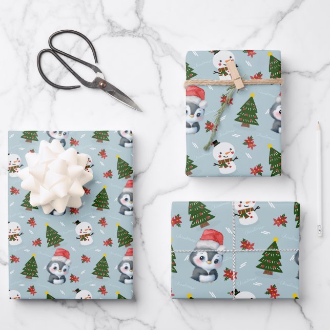 Penguin Santa Happy Merry Christmas tree pattern Wrapping Paper Sheets (Front)
