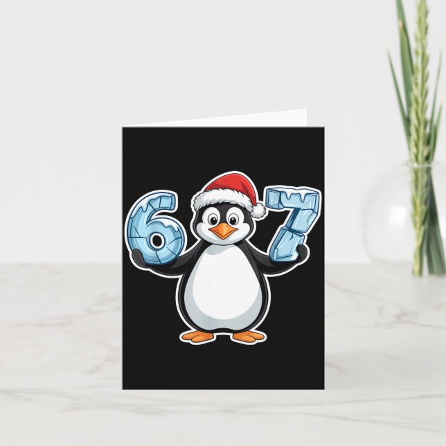 Penguin Santa Hat 67 Icy Numbers Christmas Birthda Card (Front)