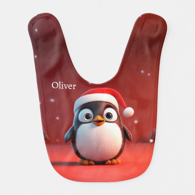 Penguin Santa Hat Custom Name Baby Bib (Front)