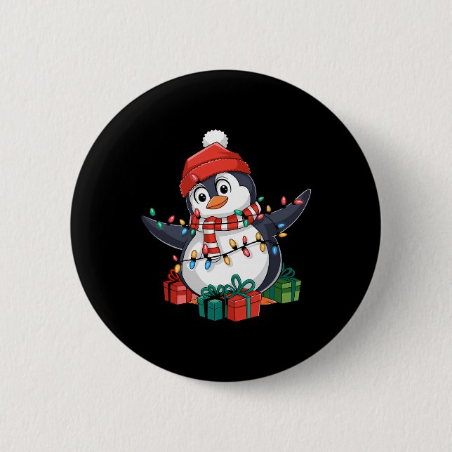 Penguin Santa Lights Christmas - Penguin Lover  Button (Front)