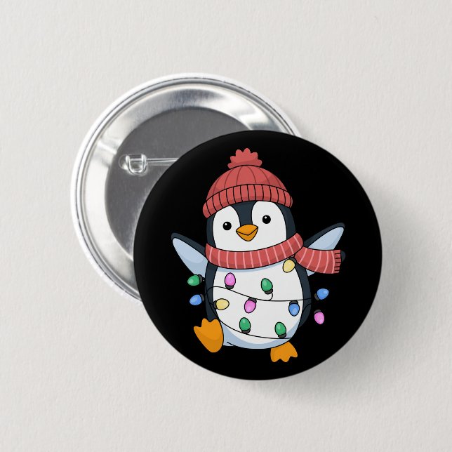 Penguin Santa Lights Christmas Penguins Xmas Button (Front & Back)