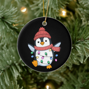 Penguin Santa Lights Christmas Penguins Xmas Ceramic Ornament