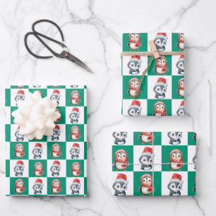 Penguin Santa watercolor Merry Christmas pattern Wrapping Paper Sheets