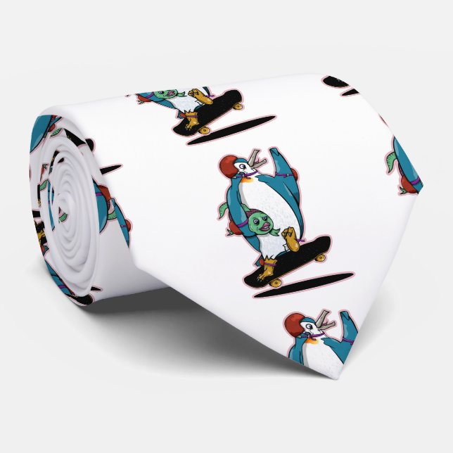Penguin Skateboarding Neck Tie (Rolled)