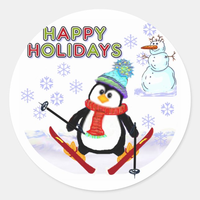 Penguin Skier Cards Classic Round Sticker (Front)