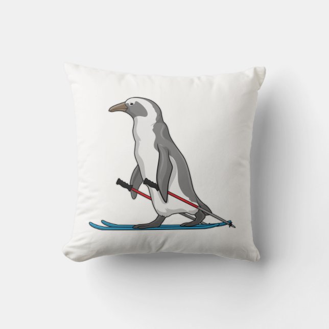 Penguin Skier Ski Throw Pillow (Front)