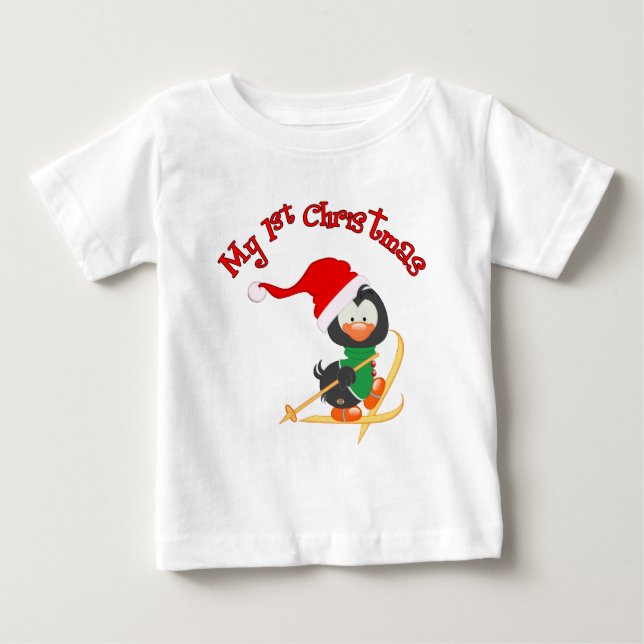 Penguin Skiing 1st Christmas Baby T-Shirt (Front)