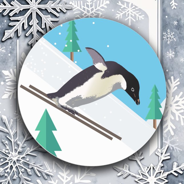 Penguin Skiing Fun Winter Kids Crafts Snow Sports Classic Round Sticker (Silly Downhill Skiing Penguin sticker, whimsical polar Winter bird dashing through the snow)