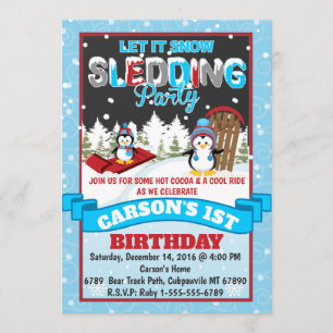 Penguin Sledding Birthday Party Invitation