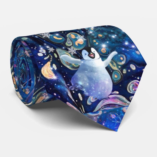 Penguin snow flake Neck Tie. Neck Tie (Rolled)