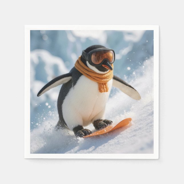 Penguin Snowboarding Downhill Napkins (Front)