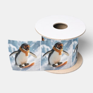 Penguin Snowboarding Downhill Satin Ribbon