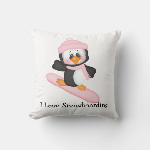 Penguin Snowboarding Throw Pillow