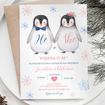 Penguin Snowflake He Or She Gender Reveal  Invitation by HappyPartyStudio at Zazzle