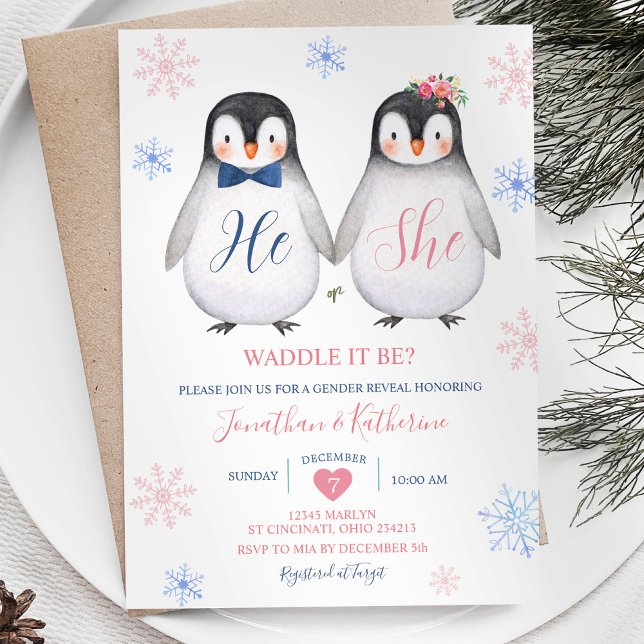 Penguin Snowflake He or She Gender Reveal  Invitation (Creator Uploaded)