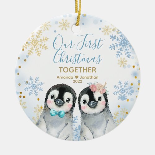 Penguin Snowflakes Our First Christmas Together  Ceramic Ornament