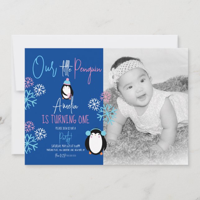 Penguin Snowflakes Pink Blue 1st Birthday Photo Invitation (Front)