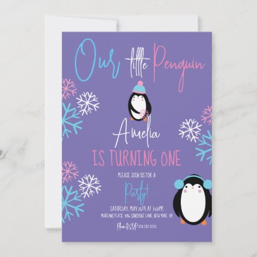 Penguin Snowflakes Pink Blue 1st Birthday Violet Invitation