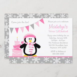 Penguin Snowflakes Pink Winter Onederland Birthday Invitation