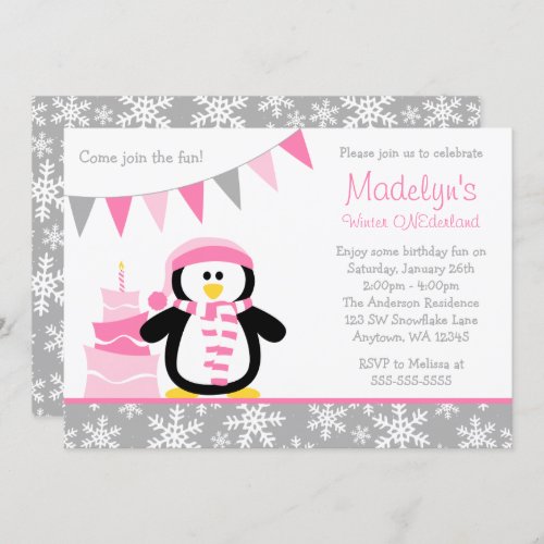 Penguin Snowflakes Pink Winter Onederland Birthday Invitation