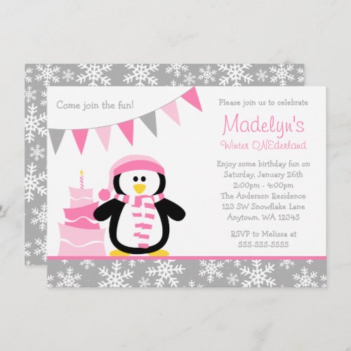 Penguin Snowflakes Pink Winter Onederland Birthday Invitation