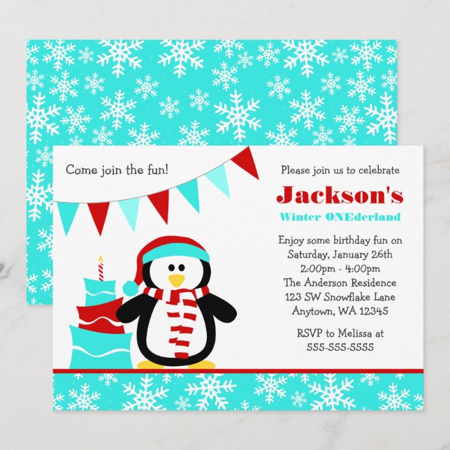 Penguin Snowflakes Teal Winter Onederland Birthday Invitation (Front/Back)