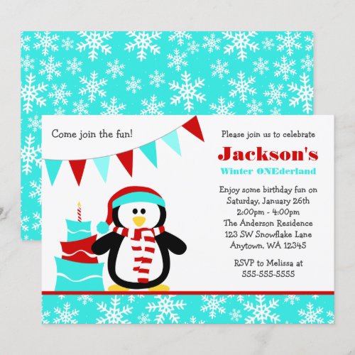 Penguin Snowflakes Teal Winter Onederland Birthday Custom Announcement