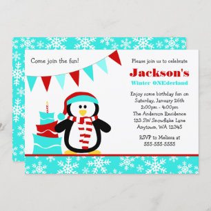 Penguin Snowflakes Teal Winter Onederland Birthday Invitation