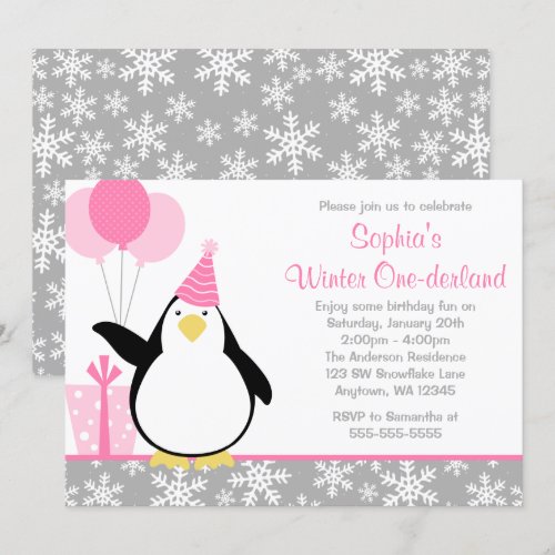 Penguin Snowflakes Winter Onederland Birthday Personalized Announcement