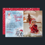 Penguin Snowman ONEderland 1st Birthday Thank You<br><div class="desc">Cute watercolor penguin in a santa hat and snowman with snow falling all around photo "ONEderland Thank You".  Design is in red,  gray,  dusky blue,  black and white.  Simply personalize with your thank you details.  Back features a snowfall pattern over a red background.  Composite by Holiday Hearts Designs.</div>