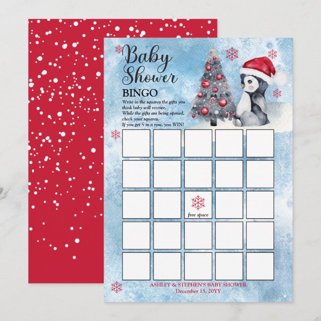 Penguin Snowman Winter Boy Baby Shower Bingo Card (Front/Back)