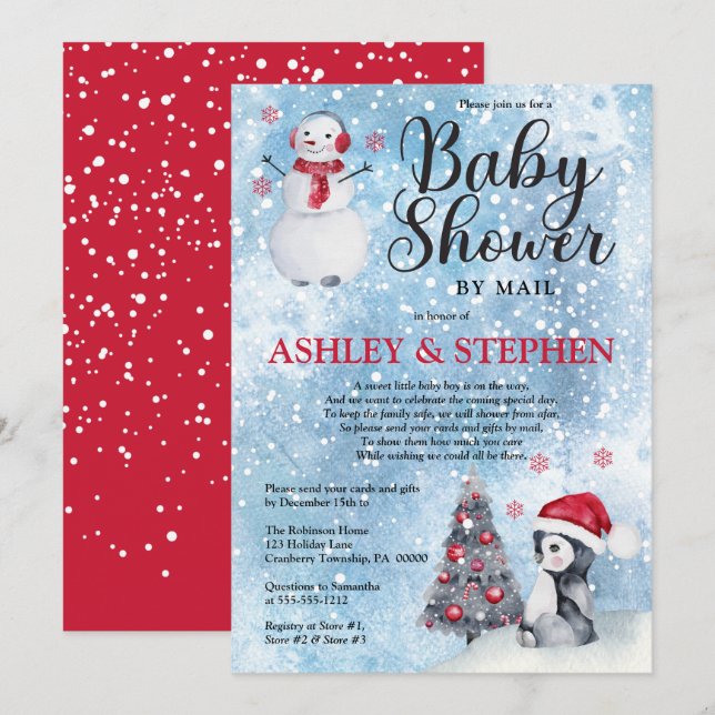 Penguin Snowman Winter Boy Baby Shower by Mail Invitation (Front/Back)