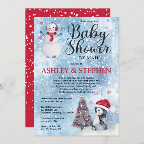 Penguin Snowman Winter Boy Baby Shower by Mail Invitation
