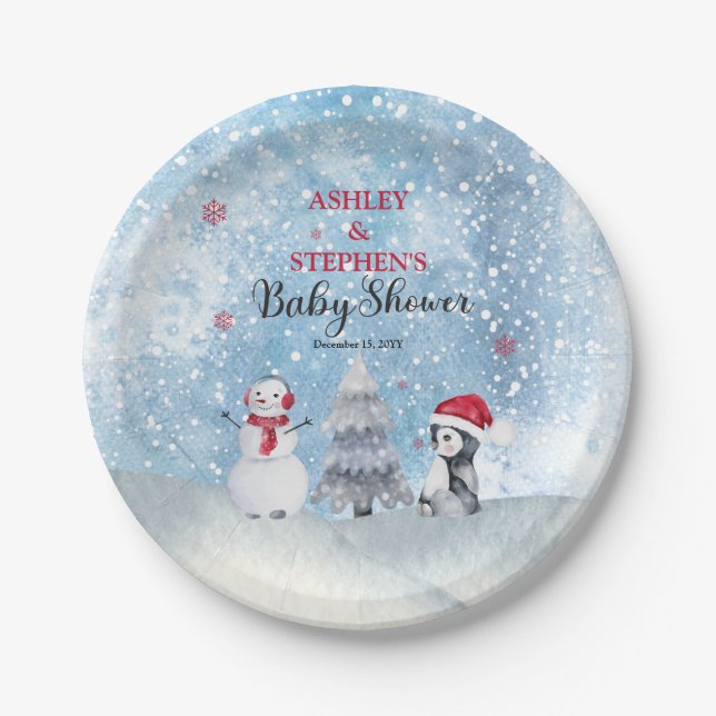 Penguin Snowman Winter Boy Baby Shower Paper Plates (Front)