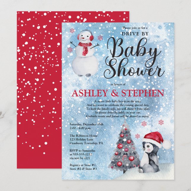 Penguin | Snowman Winter Drive By Boy Baby Shower  Invitation (Front/Back)