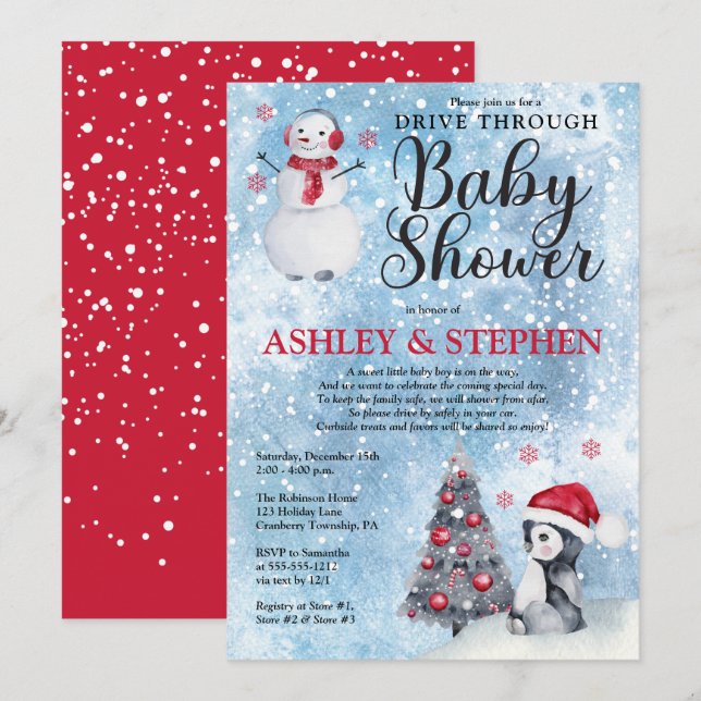 Penguin Snowman Winter Drive Thru Boy Baby Shower  Invitation (Front/Back)