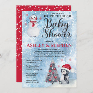 Penguin Snowman Winter Drive Thru Boy Baby Shower Invitation