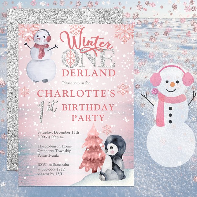 Penguin | Snowman Winter ONEderland 1st Birthday Invitation (Pink Winter "One"derland Onederland Wonderland Girl's 1st Birthday Party Invitation -Print | Digital)