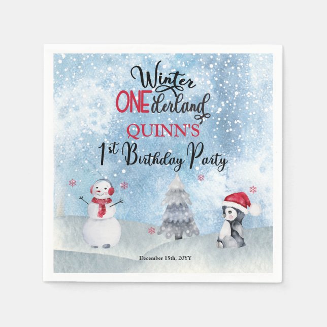 Penguin | Snowman Winter ONEderland 1st Birthday P Napkins (Front)