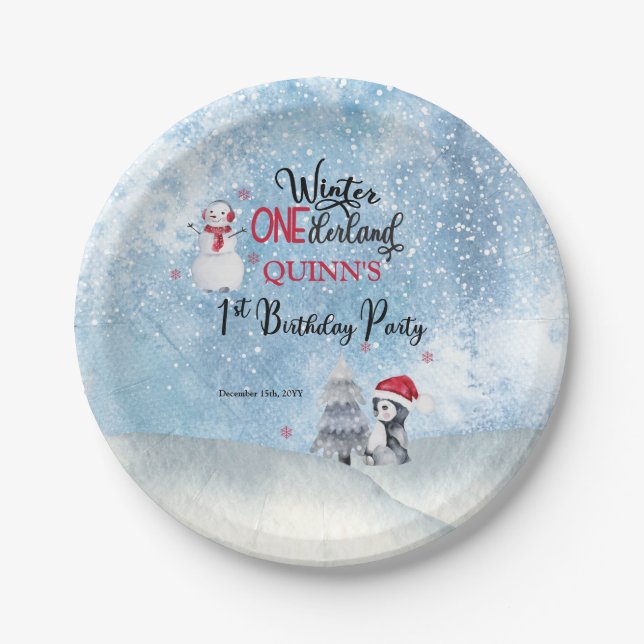 Penguin | Snowman Winter ONEderland 1st Birthday Paper Plates (Front)